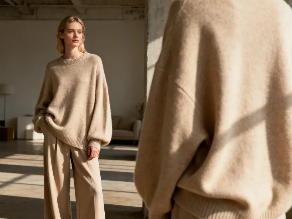 Kobieta w beżowym swetrze typu oversize i szerokich spodniach, prezentująca stylizację typu loose fit w minimalistycznym wnętrzu.