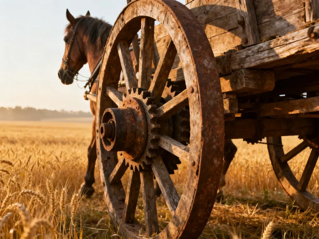 Tradycyjny drewniany mechanizm kieratu na tle złotego pola pszenicy w świetle poranka.