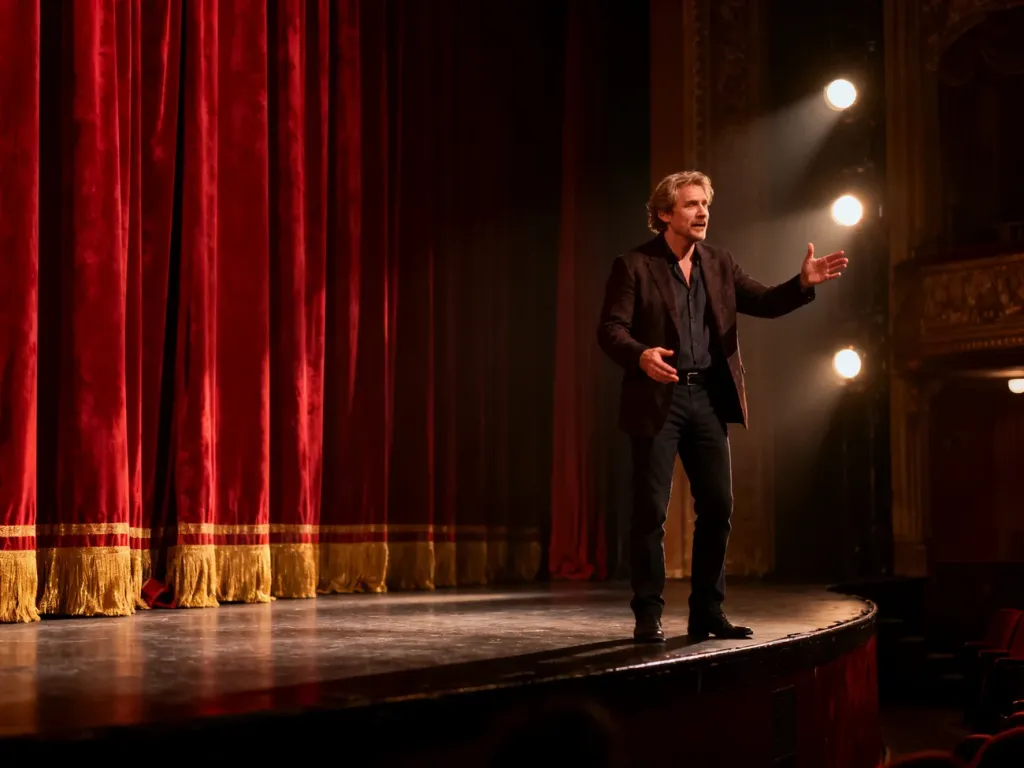 Aktor na teatralnej scenie w dramatycznym geście, ilustrujący patetyczny charakter wystąpienia.